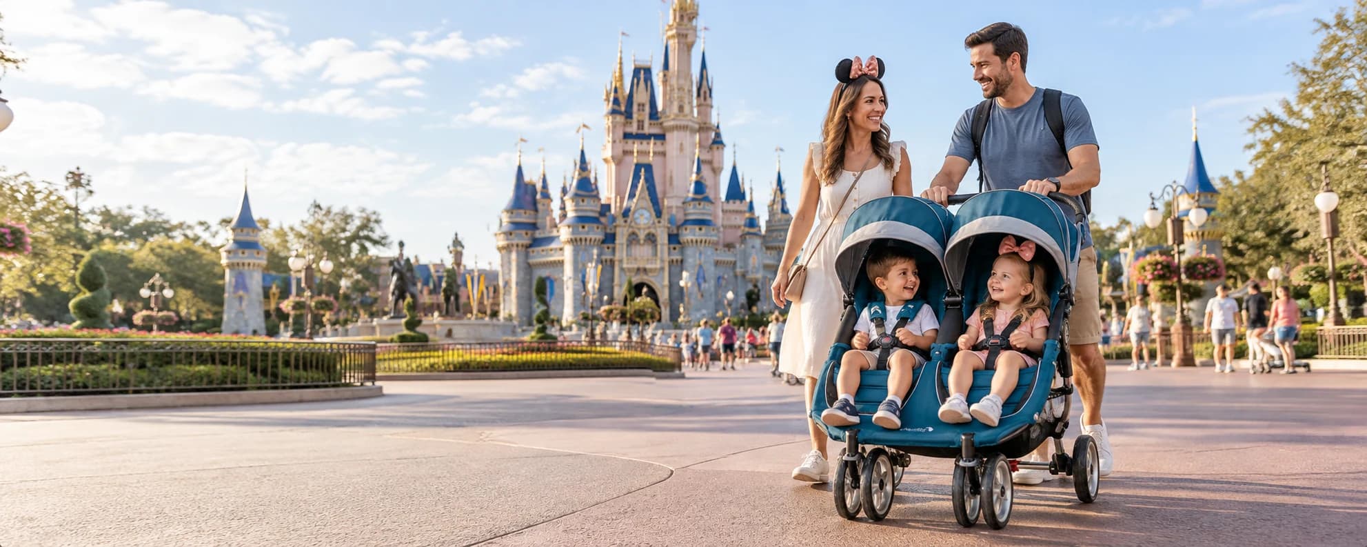 A family with two children in a teal double stroller in front of Cinderella Castle.